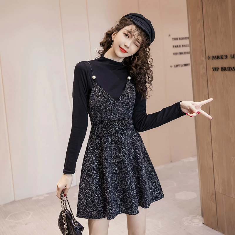 

S-XL Plus Size 2019 Half Turtleneck Black Blouse and Aline Sequin Dress Ladies 2 Piece Set New Winter Modis Women Two Piece Set