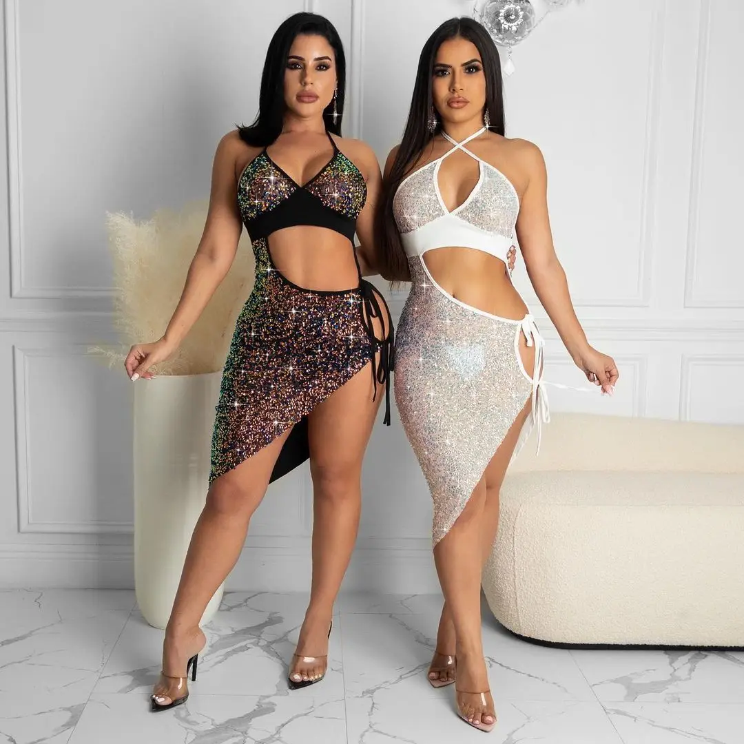 

2021 Women's Fashion Fall's New Sexy Hot Nightclub Halter Neck Dress Shimmering Sequin Asymmetrical Lace-Up Knee-Length Skirt