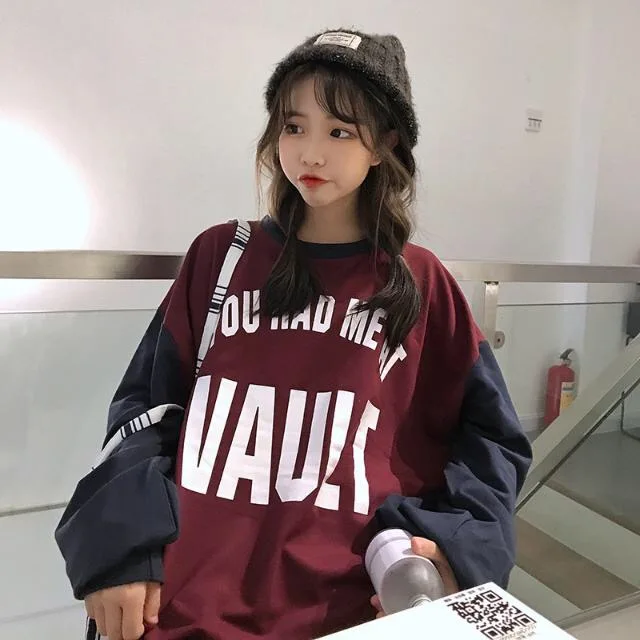 

Women's Korean-Style All-match BF Wind Loose Pullover Hoody Letter Midi Color Matching Long-Sleeved Upper Garment Jacket Fashion