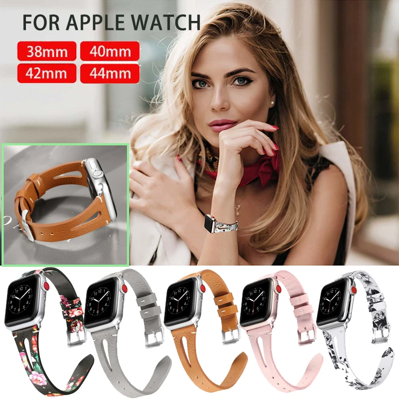 Для Apple Watch Series 5 4 3 2 кожаный ремешок с цветочным принтом для iWatch 38 мм 42 40 44 наручный