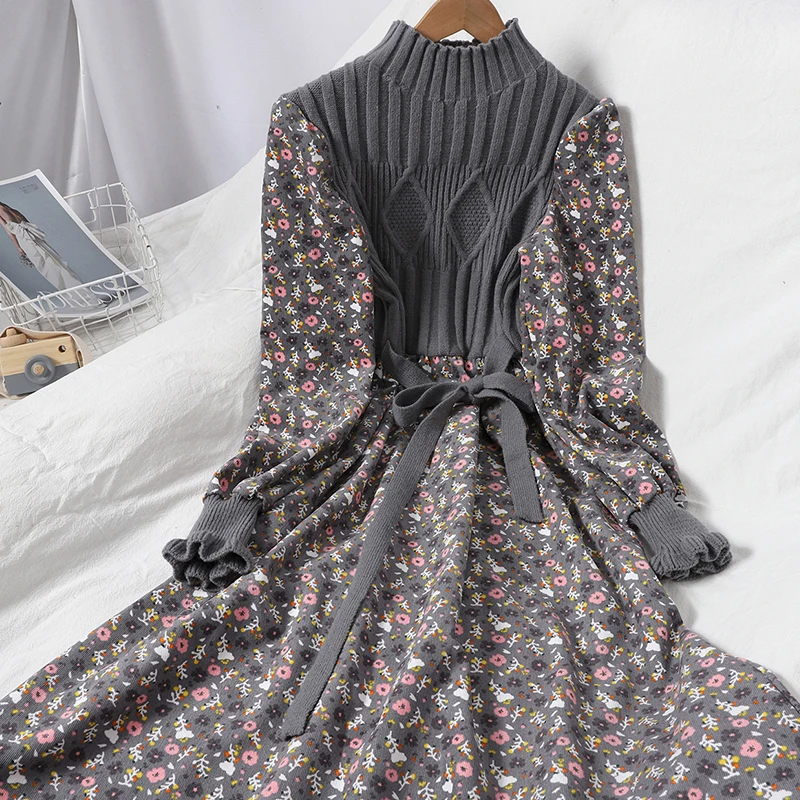 

Autumn sweater dresses for women winter splicing Pullover bandage Slim knitting dress sweet corduroy Floral print Dress vestido