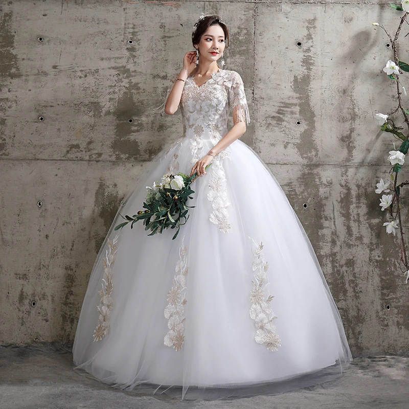 

Wedding Dresses Illusion V-Neck Short Beading Embroidery Tulle Lace Backless Luxury White Train Elegant Women Bridal Gown FB634