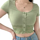 Женский трикотажный топ с коротким рукавом, однотонный кружевной Повседневный зеленый кардиган в Корейском стиле на лето