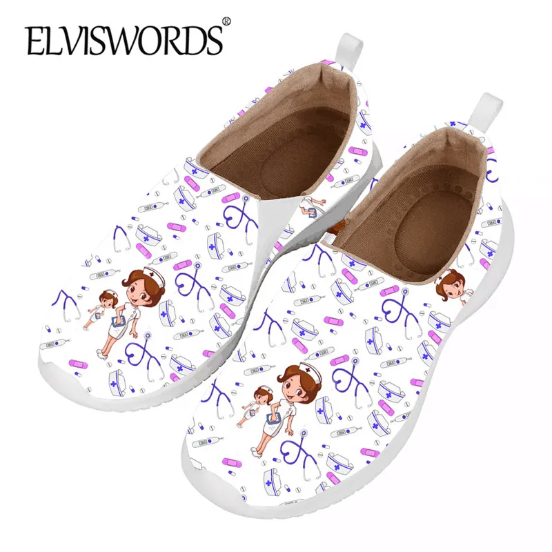 

ELVISWORDS Women's Comfortable Flat Shoes 2020 Fashion New Spring/Autumn Casual Slip On Cartoon Nurse Medical Pattern Footwear