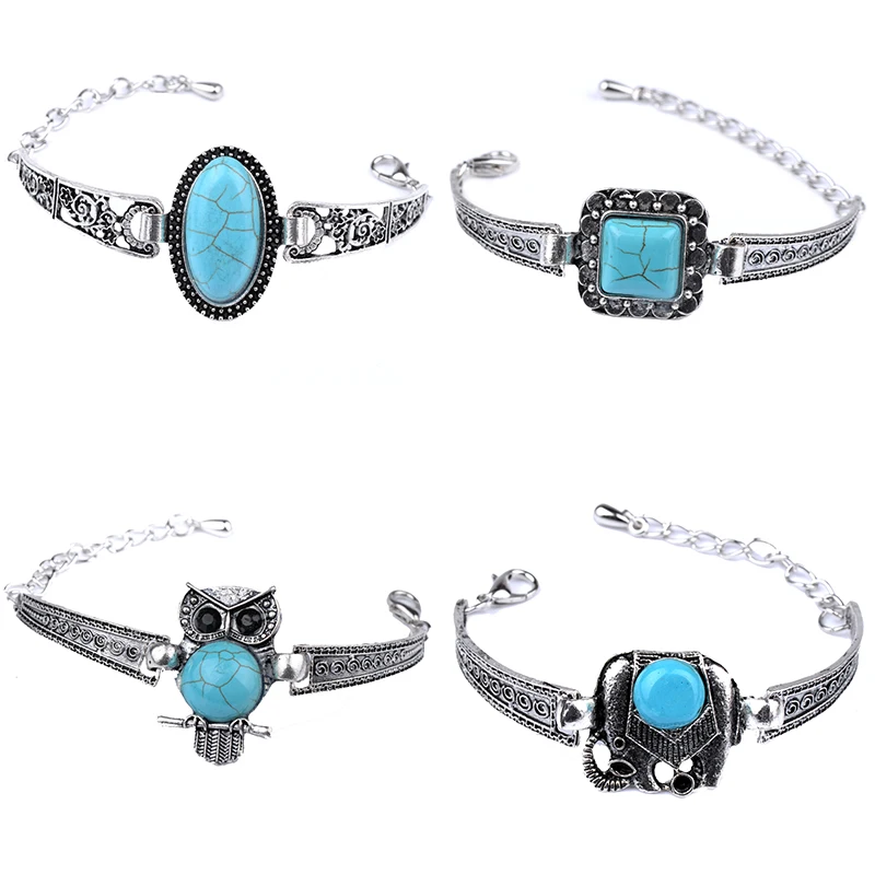 Женский браслет в богемном стиле античный серебряный цвет винтажный с