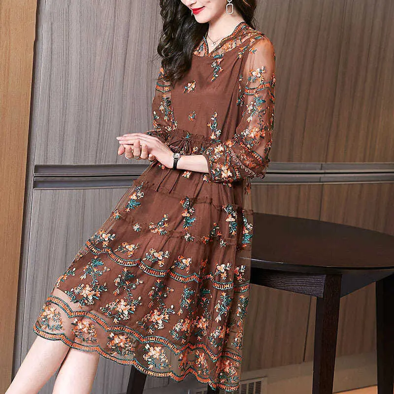 

2021 Women Spring Summer Casual Loose Vestidos Lady Short Sleeve Embroidery Floral Mesh Dresses Female Vintage Pleated Dress J74