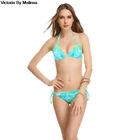 2019, Женский комплект бикини, сексуальный, секретный, бразильский, синий, с принтом, пляжный, с бахромой, без бретелек, купальник с бантом, низкая талия, купальник