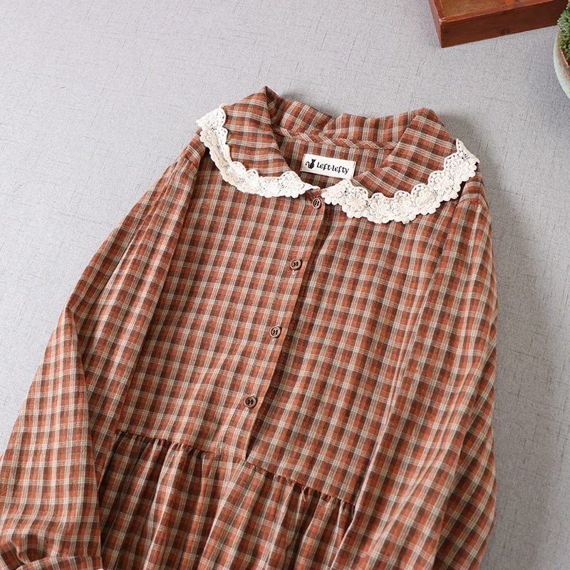 

Japan Style Mori Girl Literary Plaid Dress Loose Embroidery Turndown Collar Cotton linen Midi Dress Women