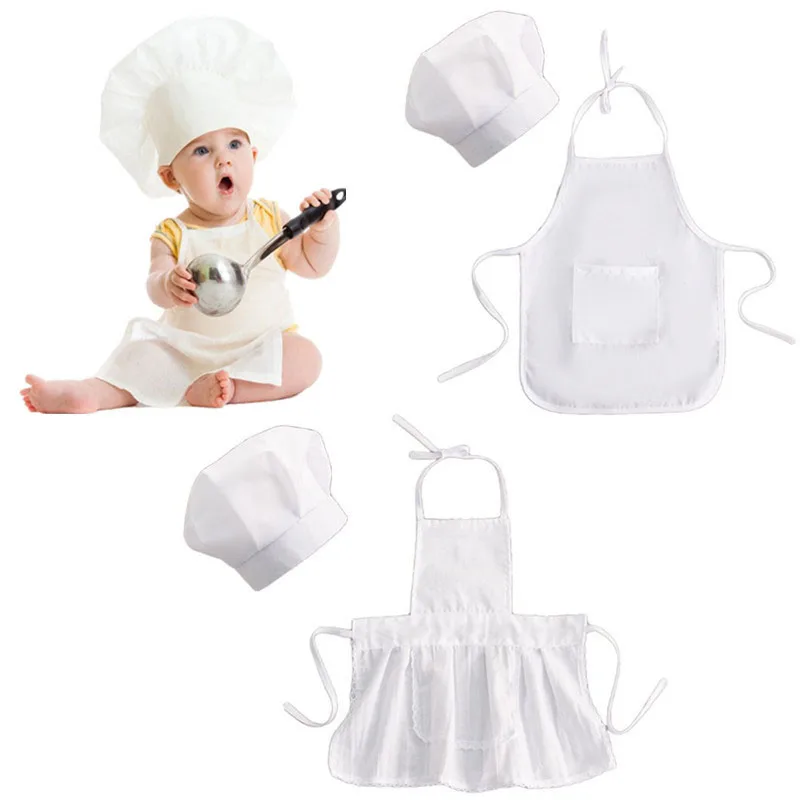 

2 Pcs Cute Baby Chef Apron and Hat Infant Kids White Cook Photos Costume Photography Prop Newborn Hat Apron Photoshoot Clothing