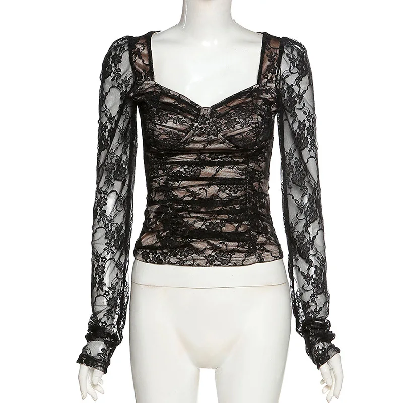 

Women's princess sleeves sexy low-cut fashion self-cultivation lace temperament T-shirt women 2021 new European style