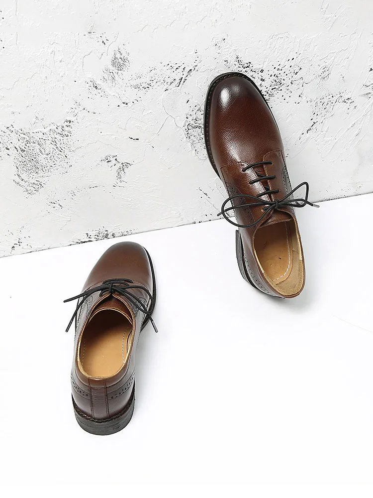 

Oxfords Women Calfskin Genuine Leather Square Toe Lace-Up Ladies Casual Flat Shoes Derby Shoes Retro Brock Women's Shoes