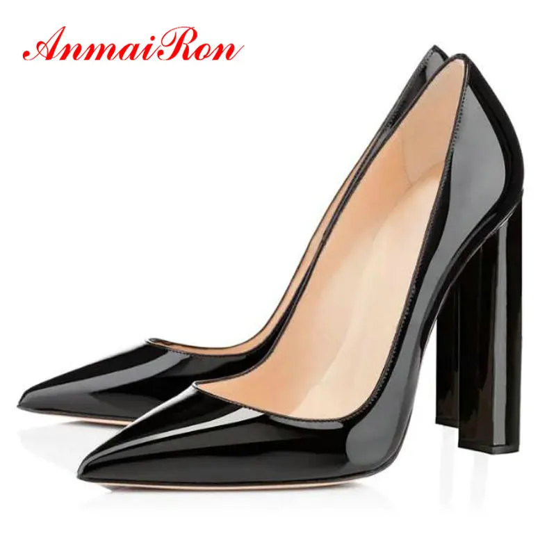 

ANMAIRON 2020 Sexy Women Heels Basic Patent Leather Pointed Toe High Heels Casual Square Heel Slip-On Fashion Womens Shoes