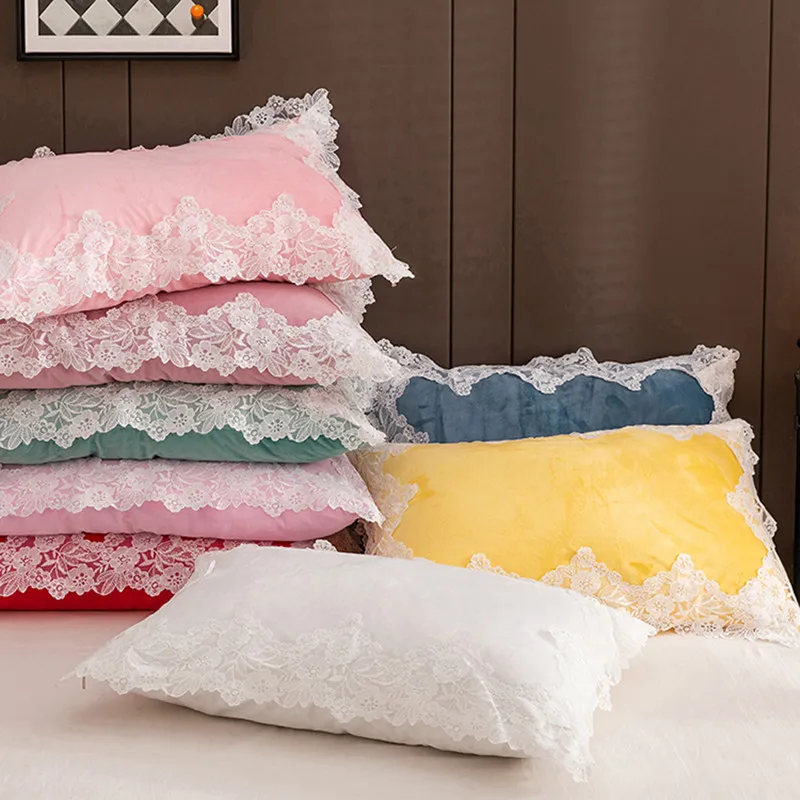 

Lace Soft Velvet Pillowcase Embroidered Princess Fall Winter Decorations Pillow Case Warm Home Hotel Bed 1 Pair Pillow Cover