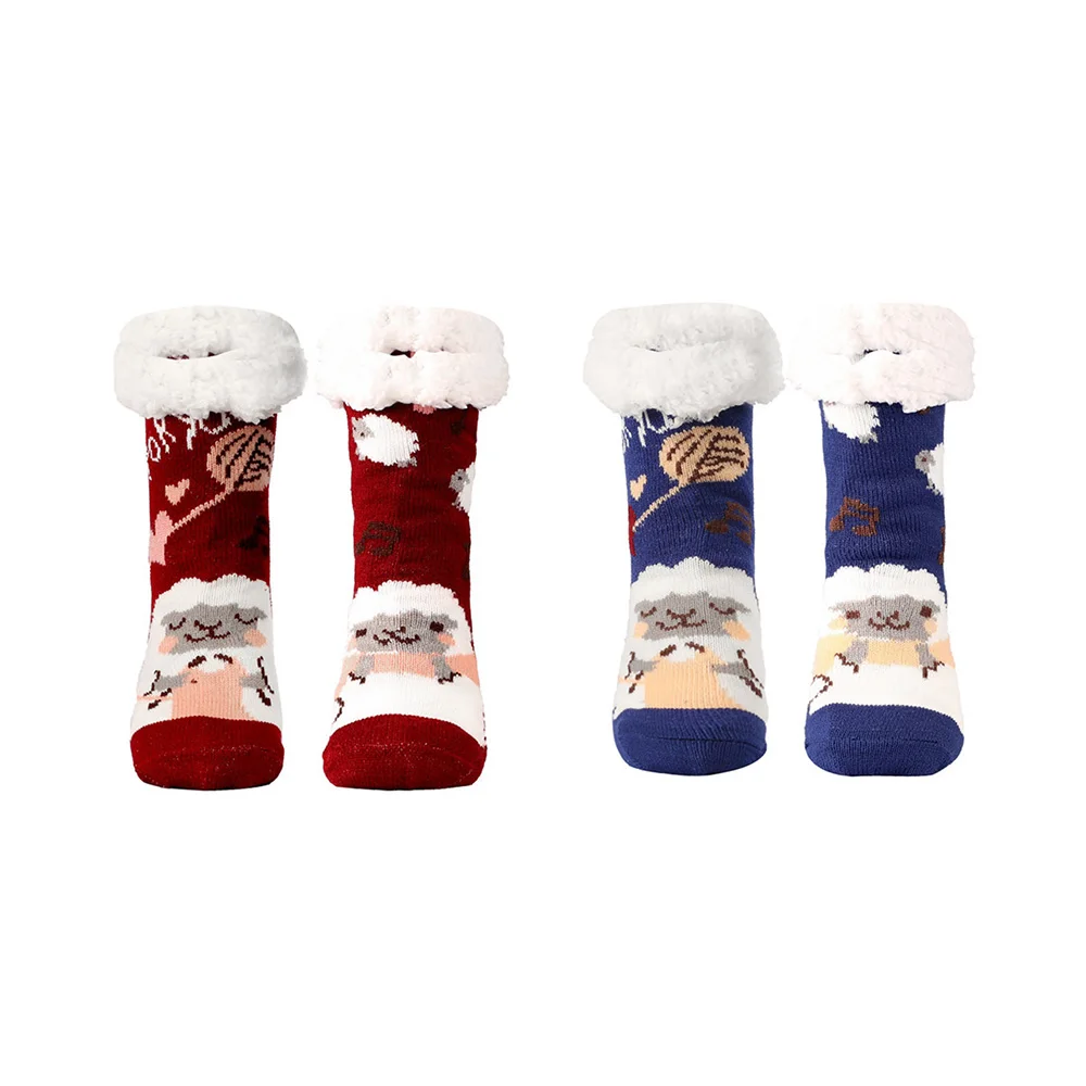 

1pair New Cute Winter Socks Cartoon Print Stripe Casual Non Slip Thick Warm Sleep Mid Tube Socks For Women Girls
