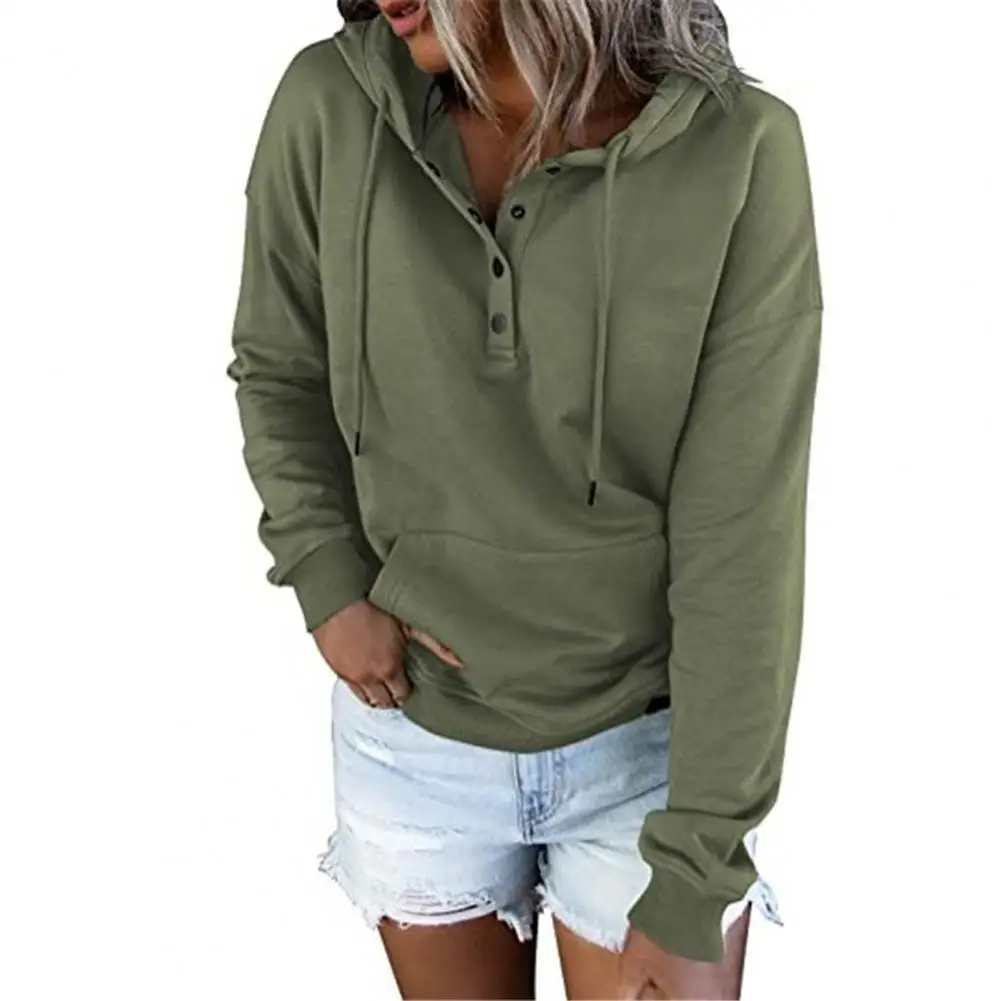 

Women Hoodie Button Design Pocket Autumn Ladies Solid Color Beam Cuffs Hooded Sweatshirt Daily Wear