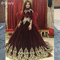 retro muslim burgundy wedding dress dubai turkey velvet long sleeve ball gown wedding gown gold lace garden country bridal gowns