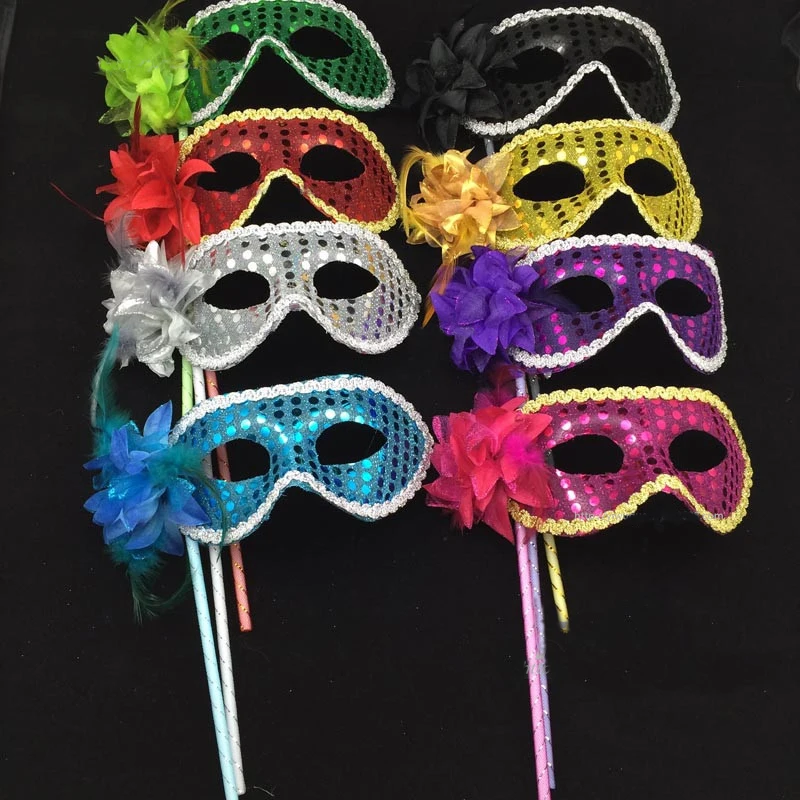 

10pcs Sequin Venetian Ball Mask Masquerade Party on Stick Flower Side By Hand Birthday Mardi Gras Christmas Easter Wedding