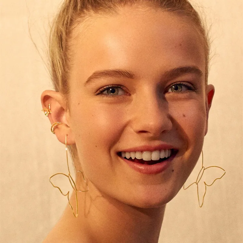 wing tak yuk Handwork Cooper Wire Butterfly Earrings For Women Gold Color Big Punk Hoops Fashion Party Jewelry | Украшения и