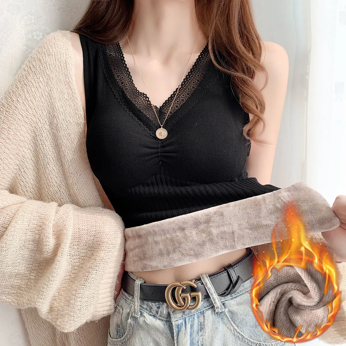 

2021, женская обувь; Сезон осень-зима, модная, с v-образным вырезом, платье-майка с кружевом топы женские тонкие теплые безрукавки для женщин, дл...