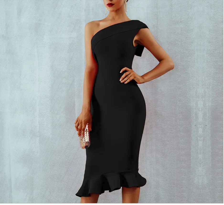 

Fashion Bodycon Bandage Dress Women 2021 Summer Sexy Elegant Black Zip One Shoulder Strapless Celebrity Runway Party Dresses