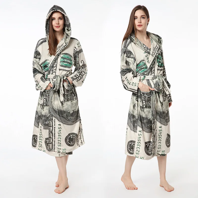 

New US Dollar Printed Nightgown Robe Men and Women's Home Clothes Warm Flannel Bathrobe Personalized Bathrobe Pajama Set Women