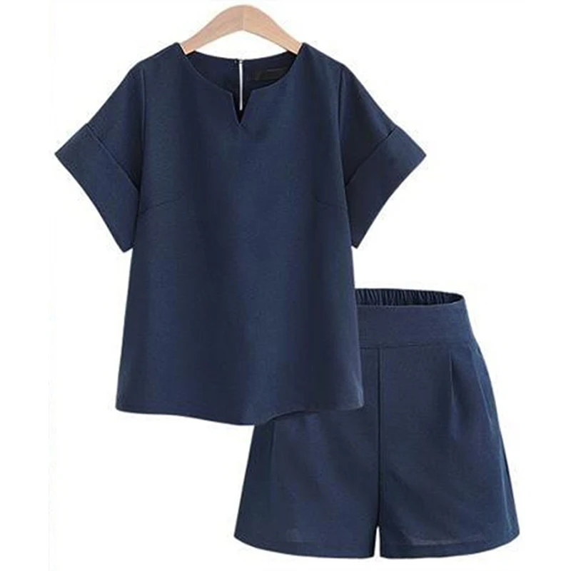 

2021 Summer New Women's Short-Sleeved Shirt Shorts Two-Piece Suit Solid Color V-Neck Office Elastic Waist Short Sleeve + Shorts
