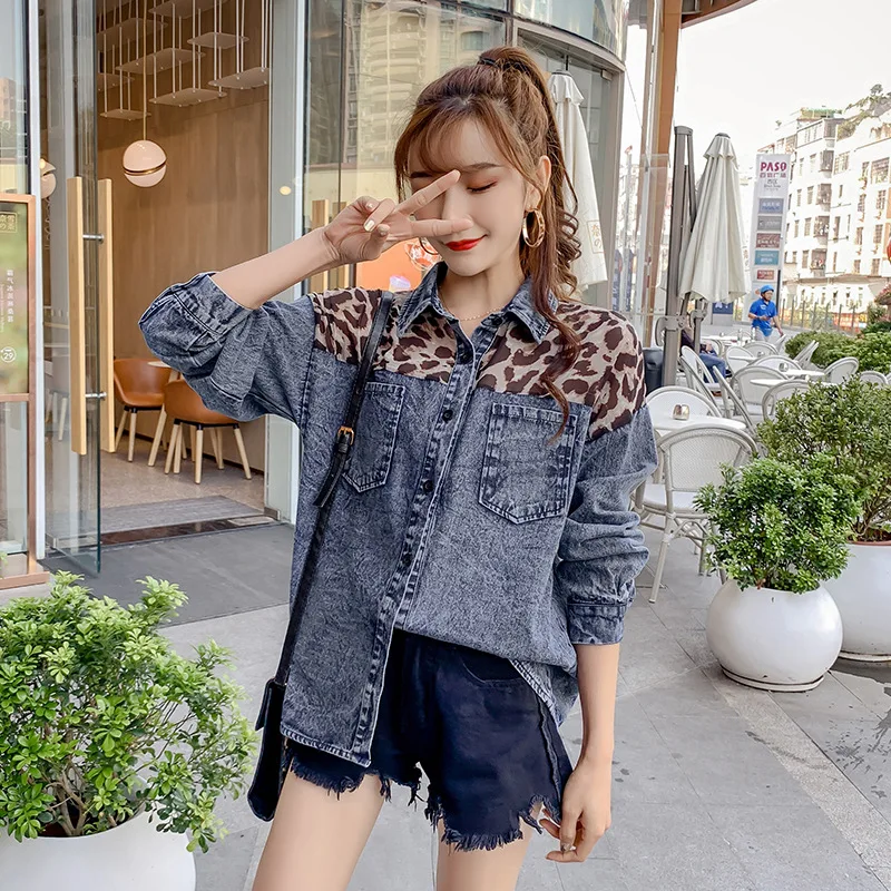 

Women's Denim Shirt 2020 New Spring Long Sleeve Leopard Printed Spliced Chiffon Shirts Big Size Loose Bloused shirt female