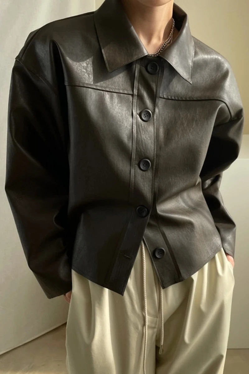 

Korean style autumn French temperament lapel single-breasted loose casual cardigan long-sleeved PU leather short jacket women