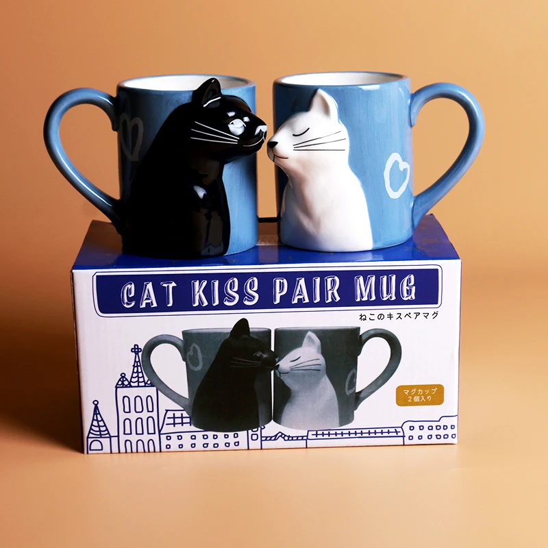 white and black cup Парные кофейные кружки с котом, чашки и кружки для влюбленных, креативная посуда для напитков - Цвет: white and black cup