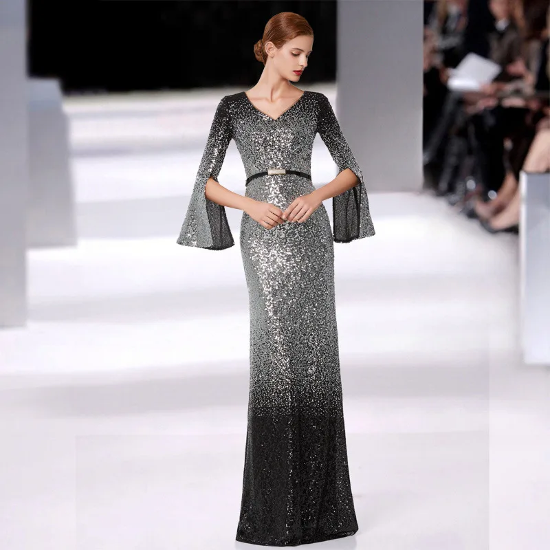 Сексуальные вечерние платья с v образным вырезом и длинным рукавом 2019 элегантные