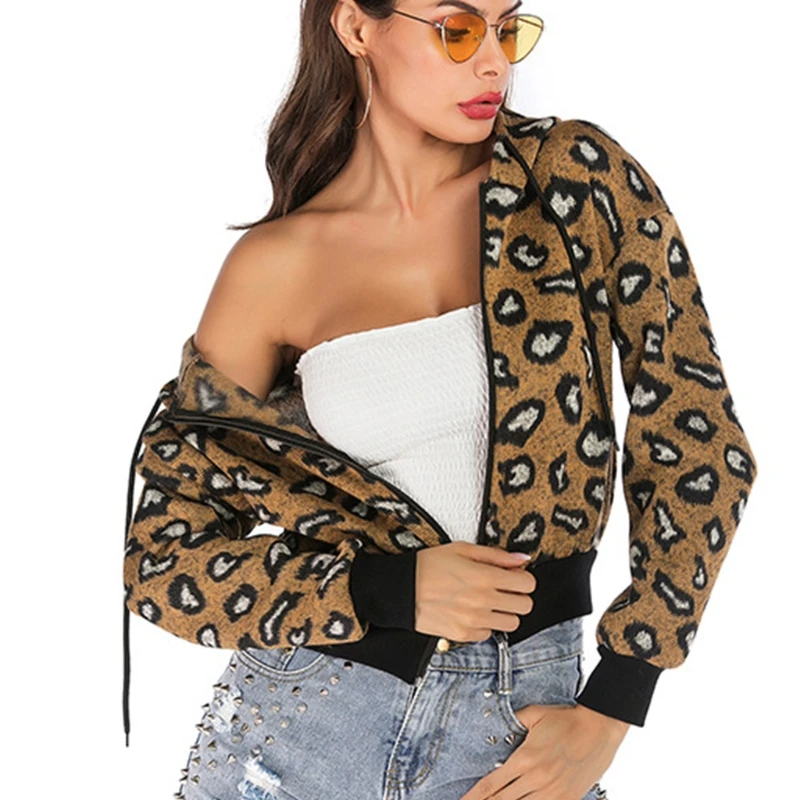 

Women Long Sleeve Hoodies Jacket Leopard Print Zipper Cropped Sweatshirt Coat BX0B