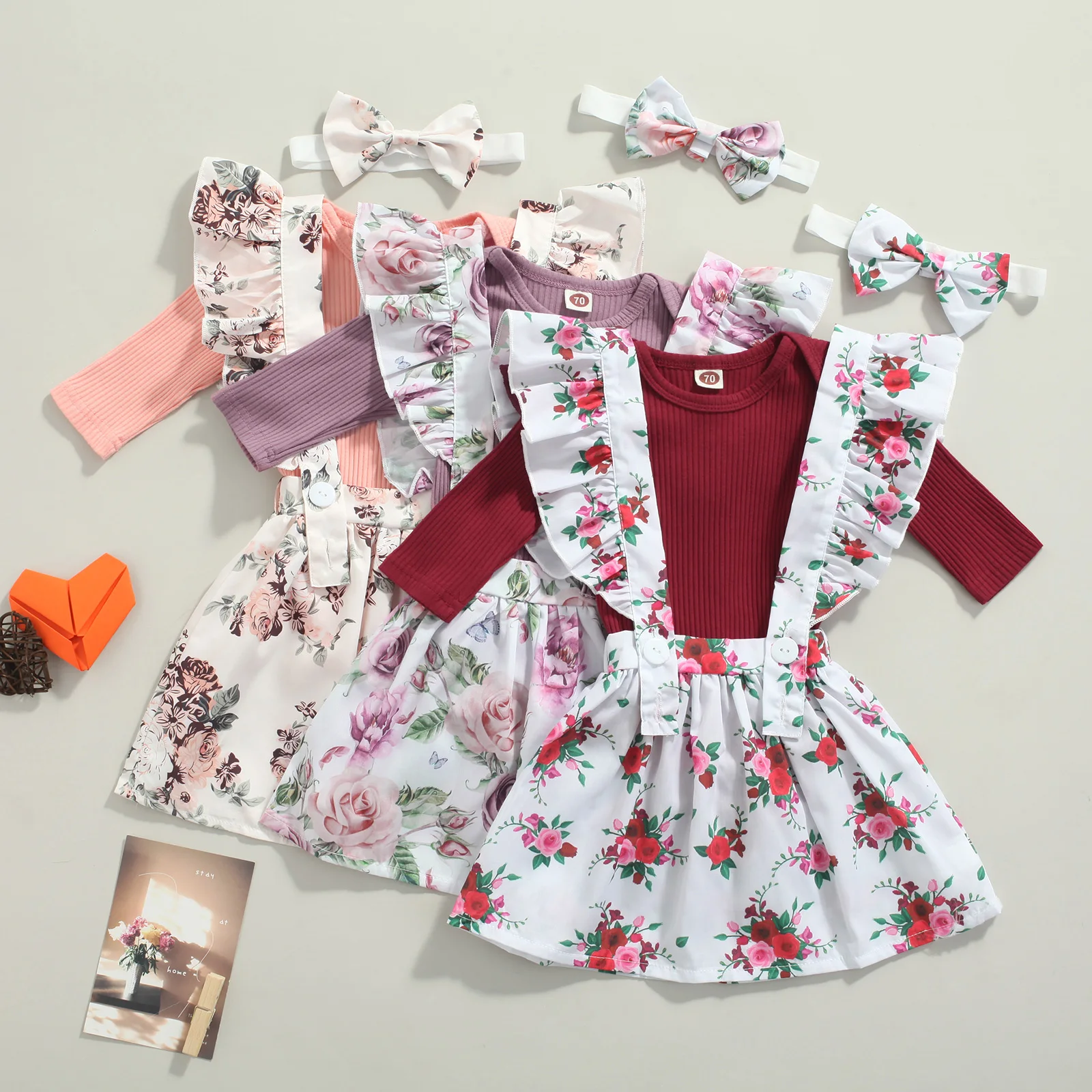 

3pcs Newborn Baby Clothes Sets Fresh Solid Color Long Sleeve Romper Flower Suspender Skirt Headband for 0-24M Autumn Winter