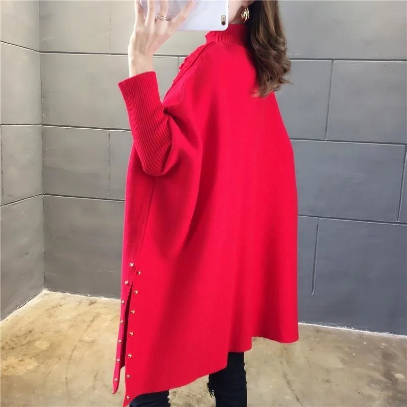 Женская свободная накидка средней длины свитер с воротником и рукавами реглан