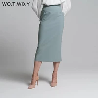 wotwoy elegant high waist wrapped split skirts women solid pencil skirt women slim fit zipper mid calf skirt office lady 2021