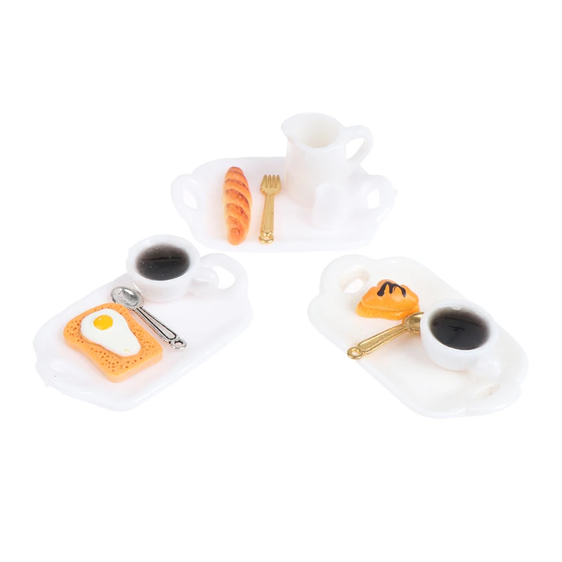 

1:12 Dollhouse Miniature Breakfast Sets Croissant Toast Egg Coffee with Tray Kitchen Food Accessories