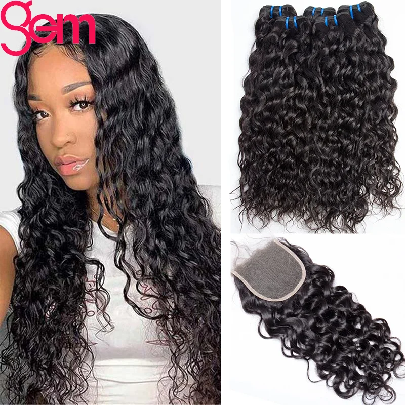 Brazilian Water Wave Bundles With Closure 10-30Inch Natural Wave Hair Extension Remy Human Hair Bundels For Black Woman
