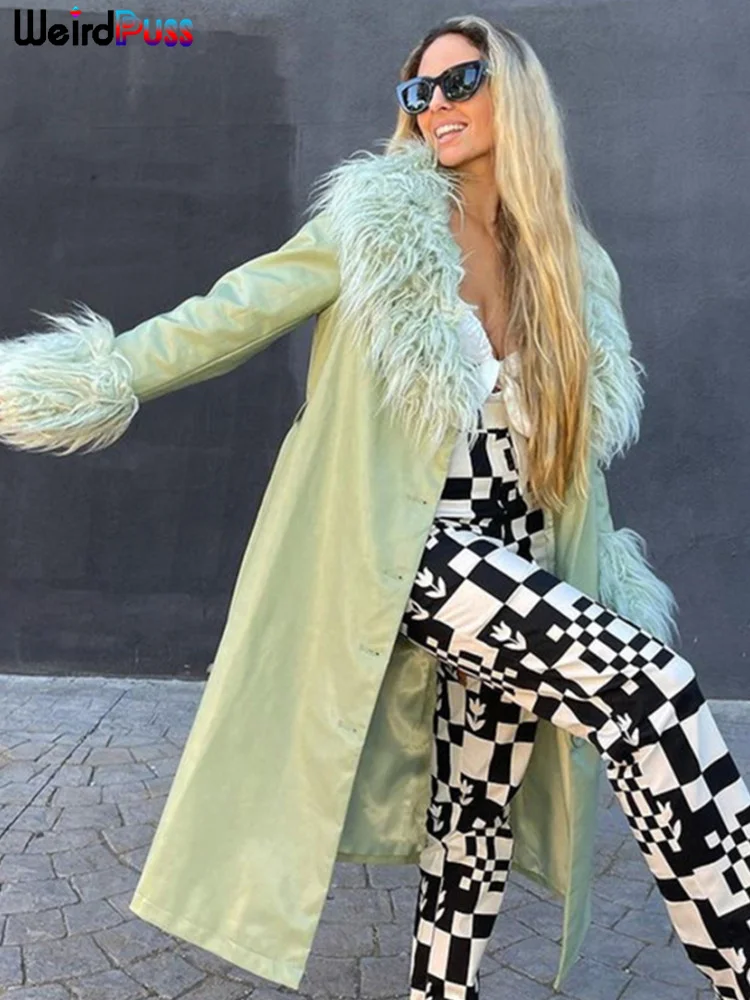 

Weird Puss Women Windbreaker Coat Stitching Plush Design Solid Slim Elegant Lady Commute Out Street Wear Party Clubs Clothing