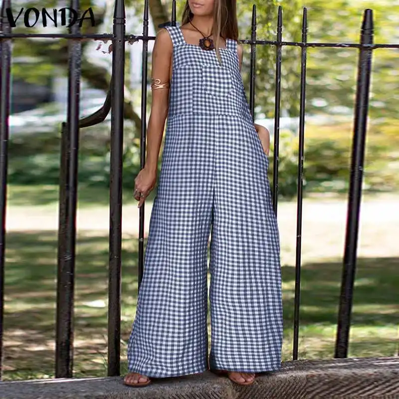 

Women Jumpsuits 2021 VONDA Summer Trousers Wide Leg Pants Female Pants Pantalon Femme Casual Sleeveless Checked Plaid Jumpsuits