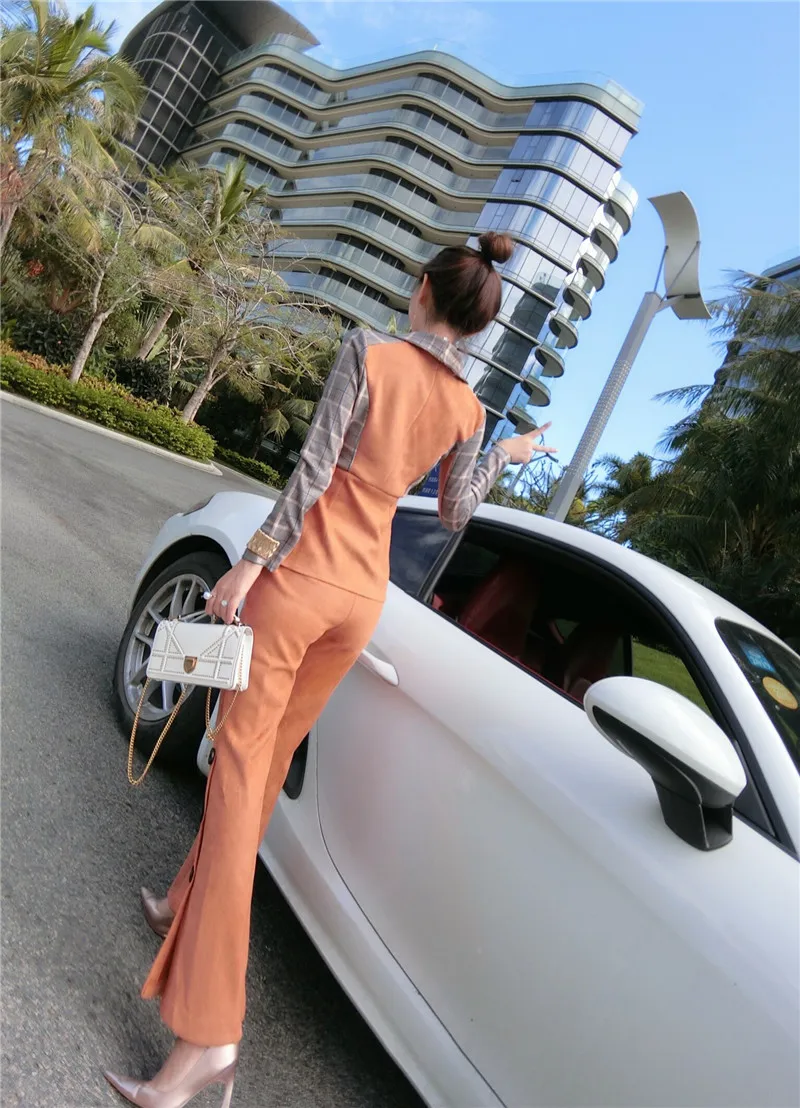 

Han edition deerskin flocking into the spring color accept waist coat flared trousers trousers web celebrity suit two-piece scen