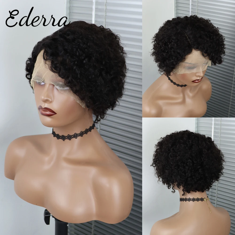 

13*1 Front Lace Curly Wigs Short Pixie Cut Human Hair For Women Natural Black Remy Hair 150% Density Glueless Side Part Human Wi