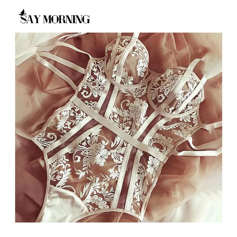 SAY MORNING 2022 Embroidered Hollow Sexy Women's Patchwork Bodysuit Underwear Set Lace Perspective One-Piece Erotic Lingerie |
