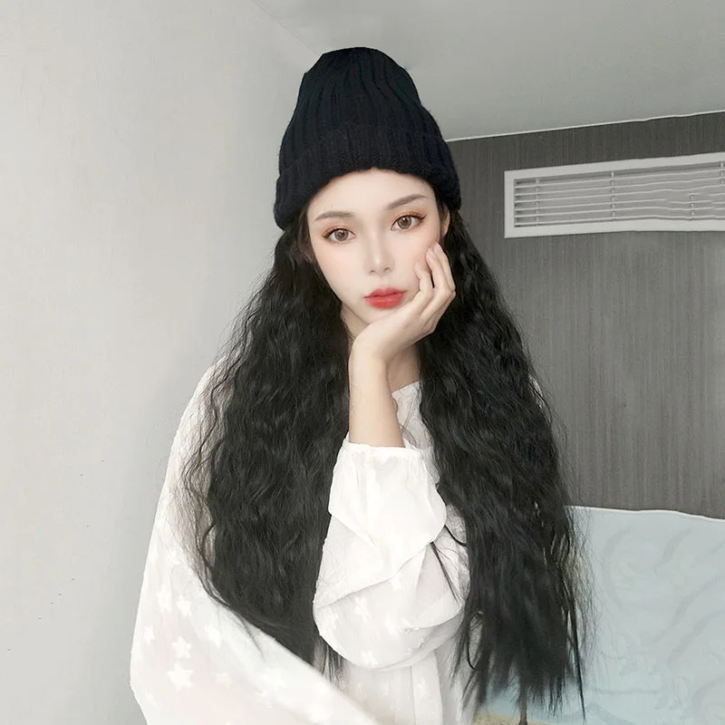 

LVHAN Wig Hat One Cap Long Curl Big Wave Natural Black Brown Black Deep Brown Light Brown High Temperature Fiber