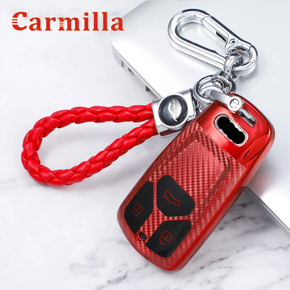 

For Audi A4 New A4L A5 A6L QT S5 S7 Q7 TTS 2017-2021 TPU Carbon Fiber Smart Key Holder Cover Case Key Shell Chain Keyring