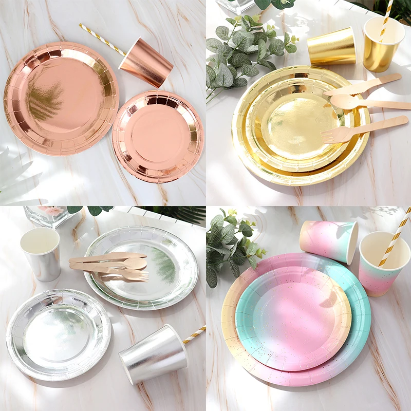 

Rose Gold Party Disposable Tableware Set Party Table Decoration Paper Cups Plates Straws Wedding Birthday Party Supplies