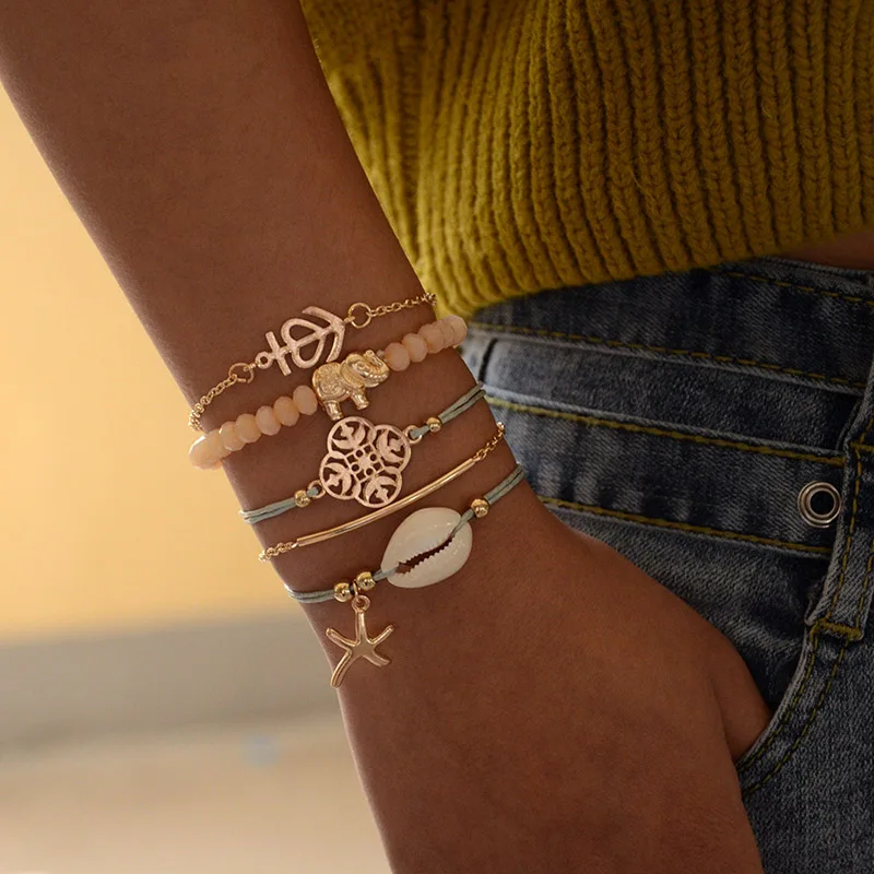 5 шт./компл. Набор браслетов с веревкой розовые бусы слон натуральная морская