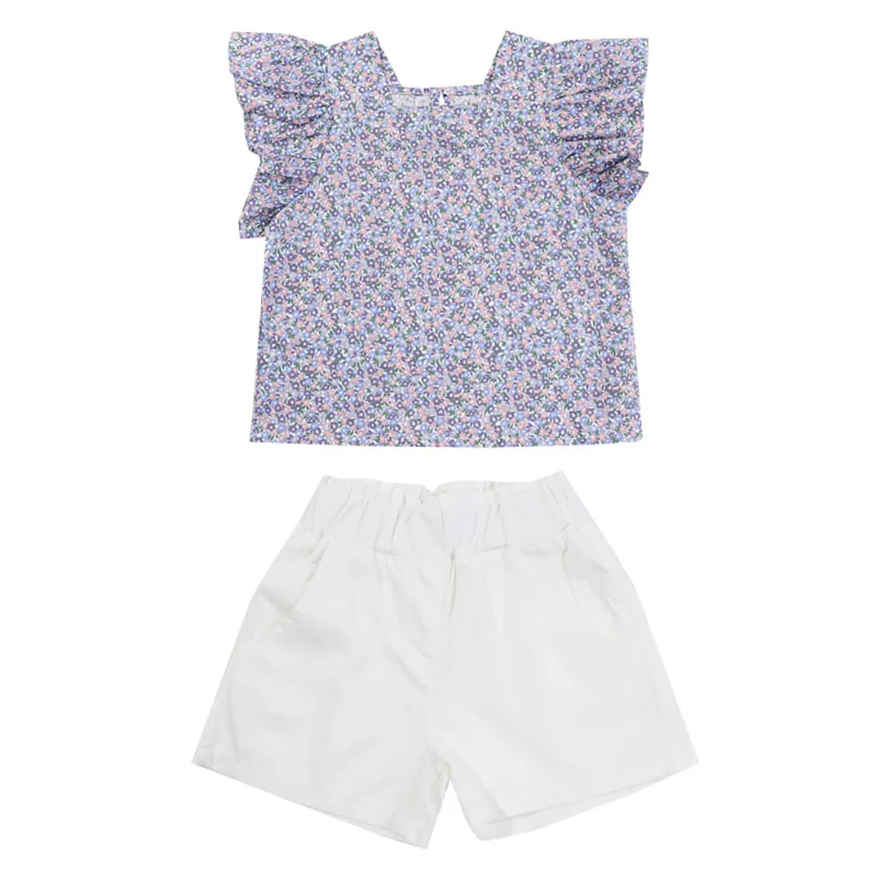 

2021 Summer Kids Girls Clothes Set Baby Girl Short Fly Sleeve Square Collar Floral T-Shirts Tops+Shorts 2Pcs Children Clothing