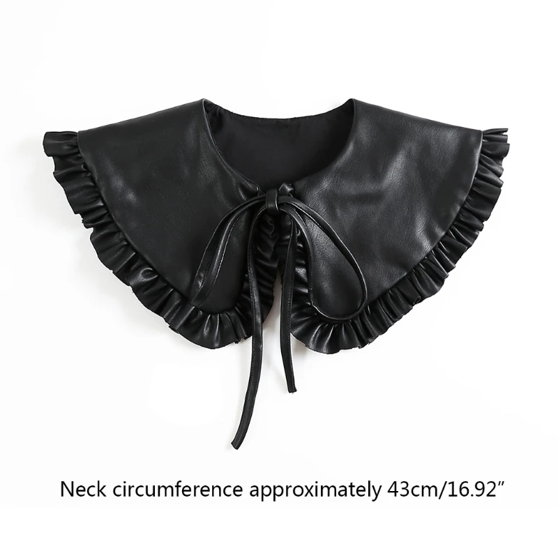 

634C Women Faux Leather Black False Collar Shawl Doll Ruffled Wrap Self-Tie Poncho