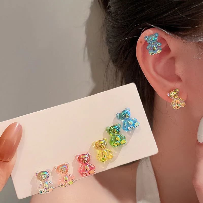1pair Resin Gummy Bear Stud Earrings for Women Girls Cute Colorful Teddy Bear Earring Fashion 2021 Acrylic Stud Earring Jewelry