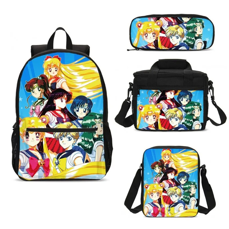 4Pcs/Set Portfolio School Bags For Girls Anime Cartoon Sailor Moon 3D Printing Backpacks Ice Bag Kids Bookbag Mochila Escolar | Багаж и