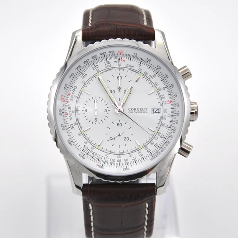 

Corgeut 46mm Mens Watches Top Brand Luxury Luminous white Watch Leather Chronograph Quartz men Watch For Male clock Auto Date